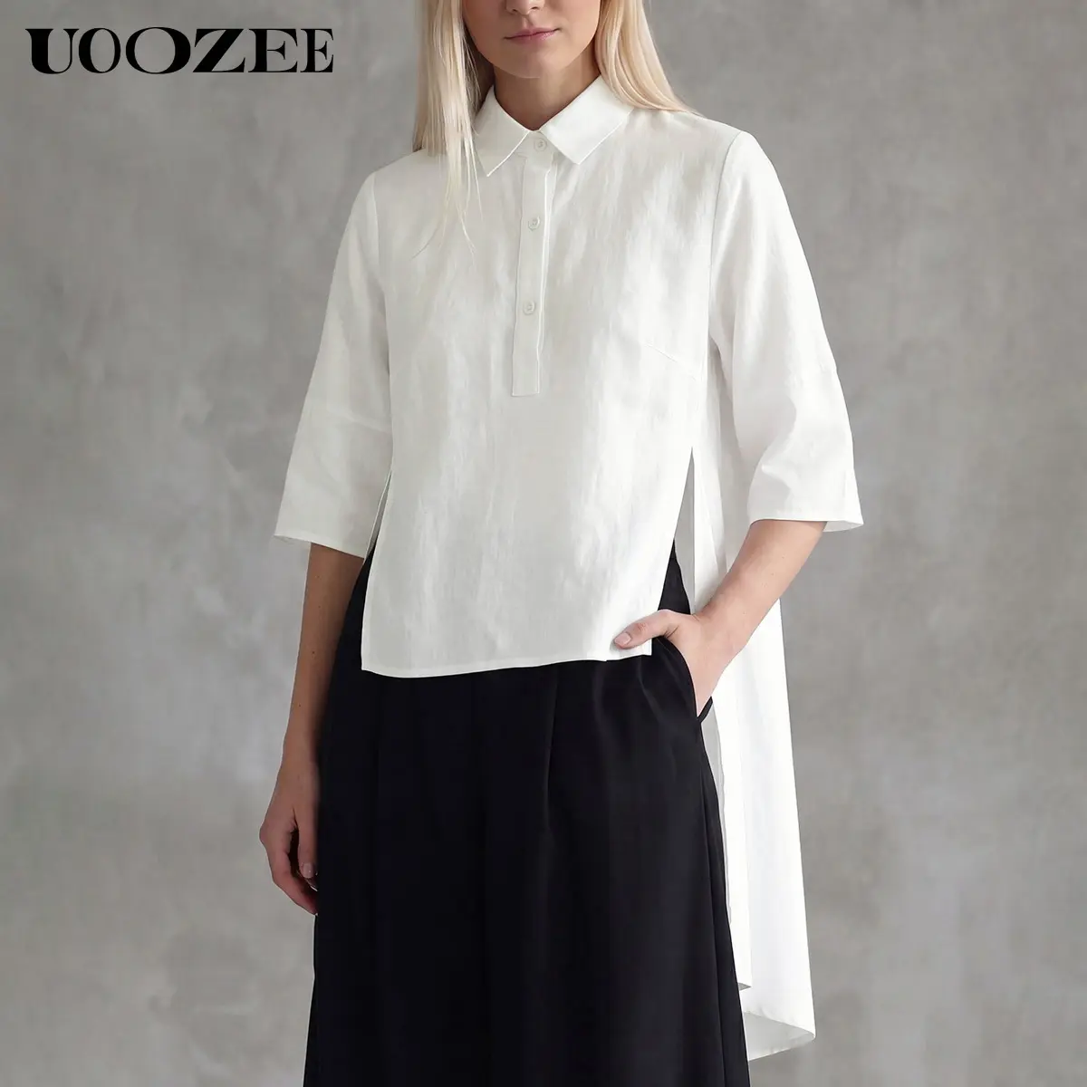 UOOZEE Women's Minimalist Oversized Blouse, Sheer Rayon Popover Shirt with an Asymmetrical High-Low Hem for Everyday Casual Workwear, Smooth, Basic, Leggings, Blazer, Breathable, Women's Tops And Blouses, Plain, Rayon-Nylon, Button, Collared Neck, Draped,