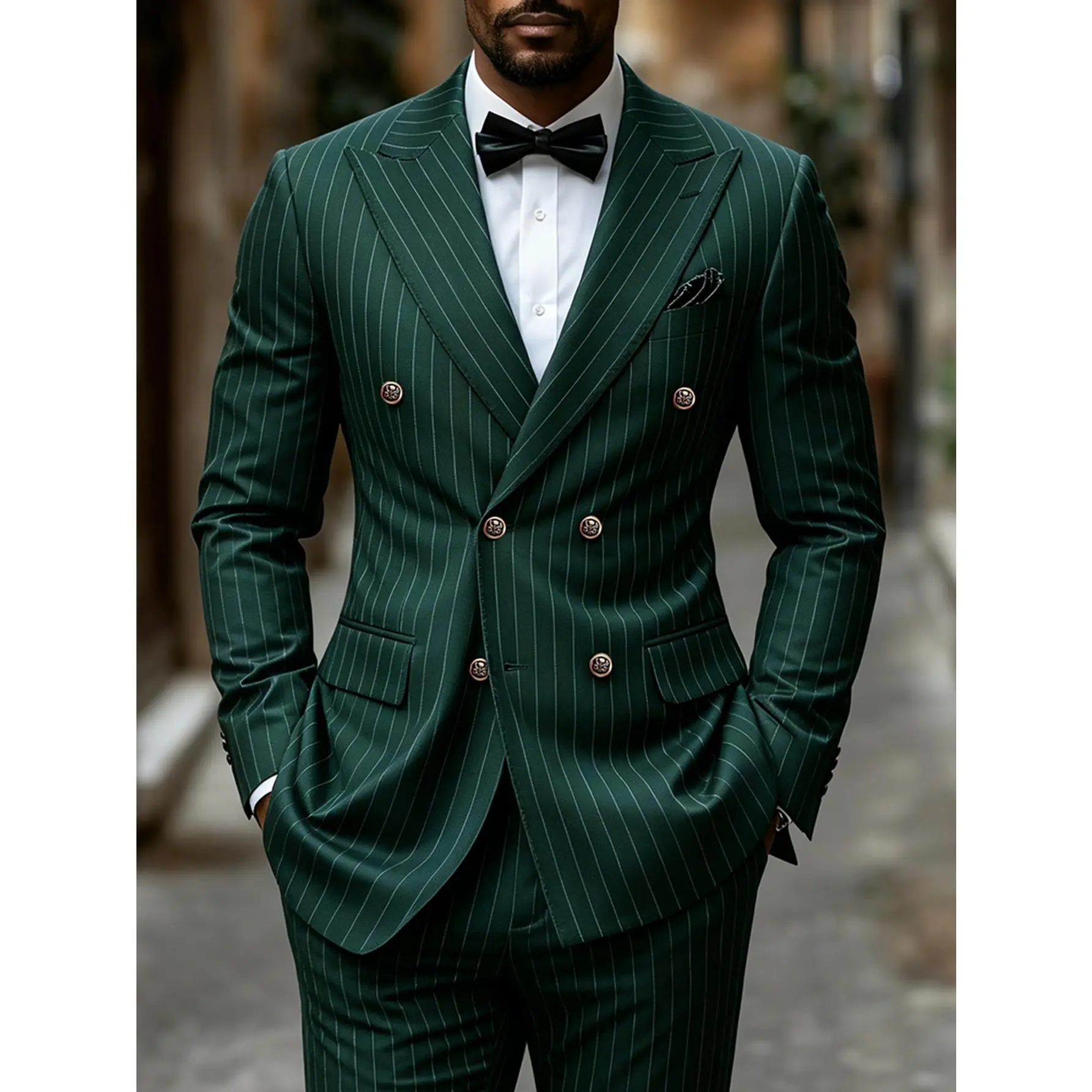 Men's Classic Pinstripe Suit, Double Breasted 2-Piece Formal Wear with Long Sleeve Peak Lapel Jacket with Split Back for Business & Prom, Menswear, Workwear, Fitted, Suit Set