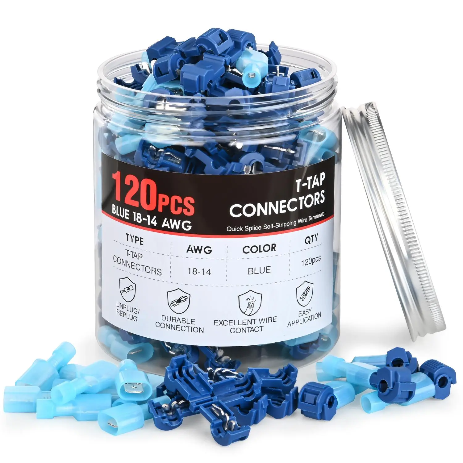 Nilight Durable Reliable Connectors Terminal Plug Kit - 120PCS/60 Pairs 16-14 AWG Blue Fully Insulated T-Tap Spade Terminals, Tinned Copper Self-Stripping Crimp Male-Female Plugs for Automotive, Marine Use