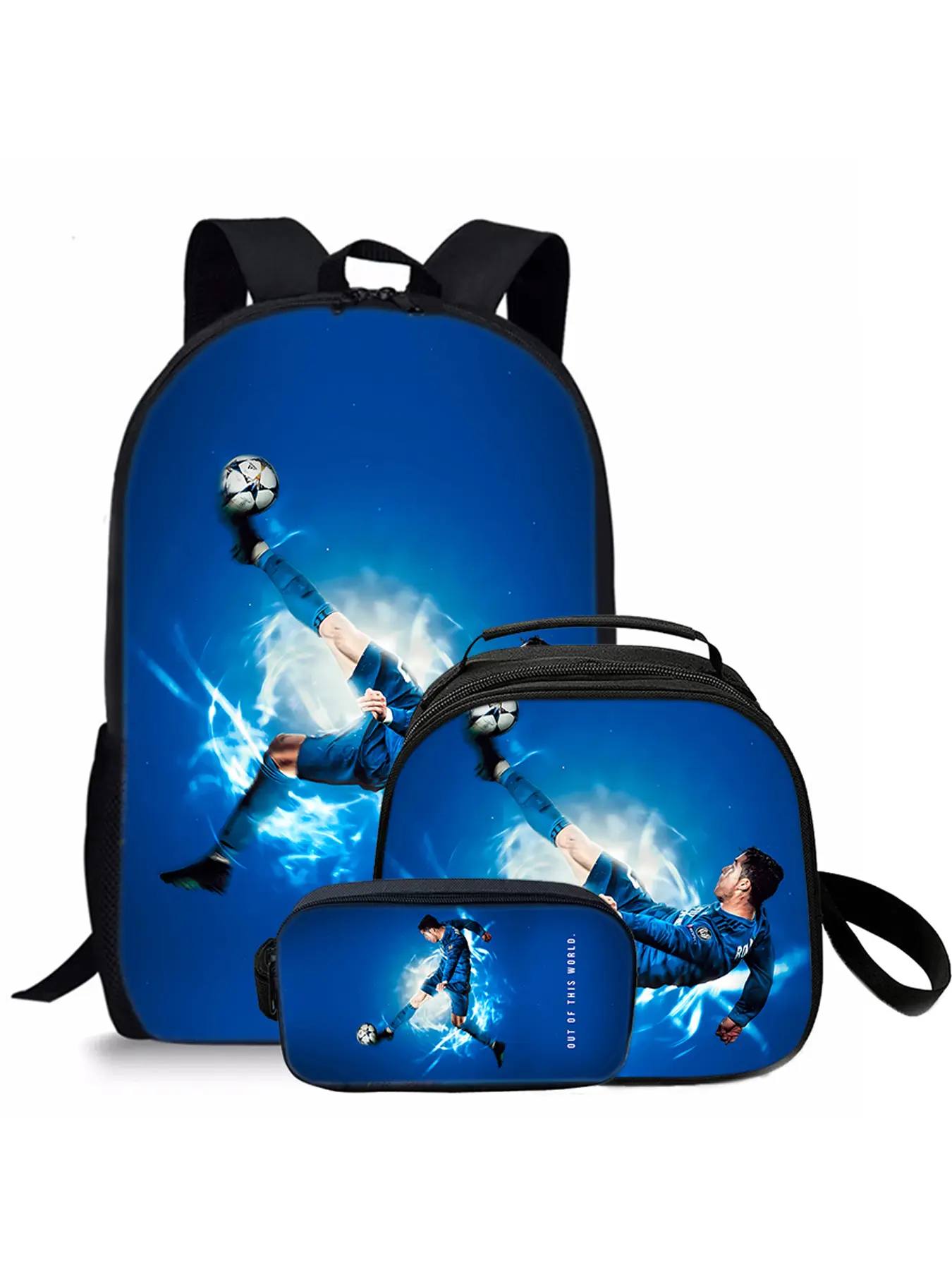 Football pattern printed 17-inch Trendy Backpack for School three-piece set (single-layer backpack + round lunch bag with shoulder strap + single-layer pencil case) Soccer Pattern Backpack