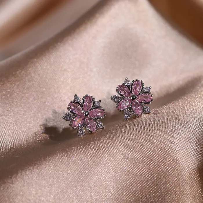 Dainty Cherry Blossom Zircon Stud Earrings with Cubic Zirconia Stones Perfect Gift for Women and Girls Elegant Jewelry