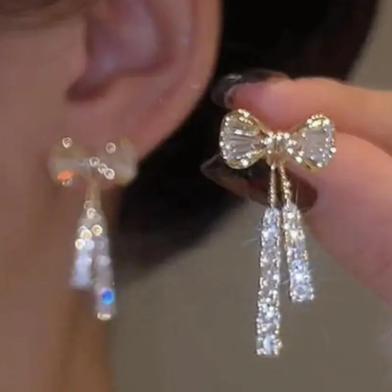 Rhinestone Bow Dangle Earrings, Fashionable Earrings, Versatile Gift Jewelry, Elegant Casual Matching Earrings for Women's Party, Classic Fashion Ear Piercing Accessories for Daily Wear, Dangle Drop Earrings