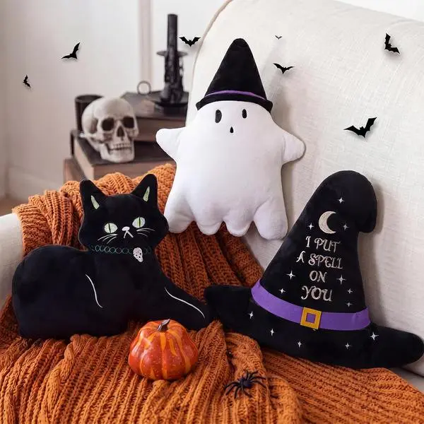 Huwena 3-Piece Happy Halloween Festive Shape Pillows - Orange Witch Hat, Ghost, Cat Designs, Anti-Sensitivity Crystal Velvet Cushion Covers for Couch/Bed Home Décor, Reinforced Stitch, Three Pieces