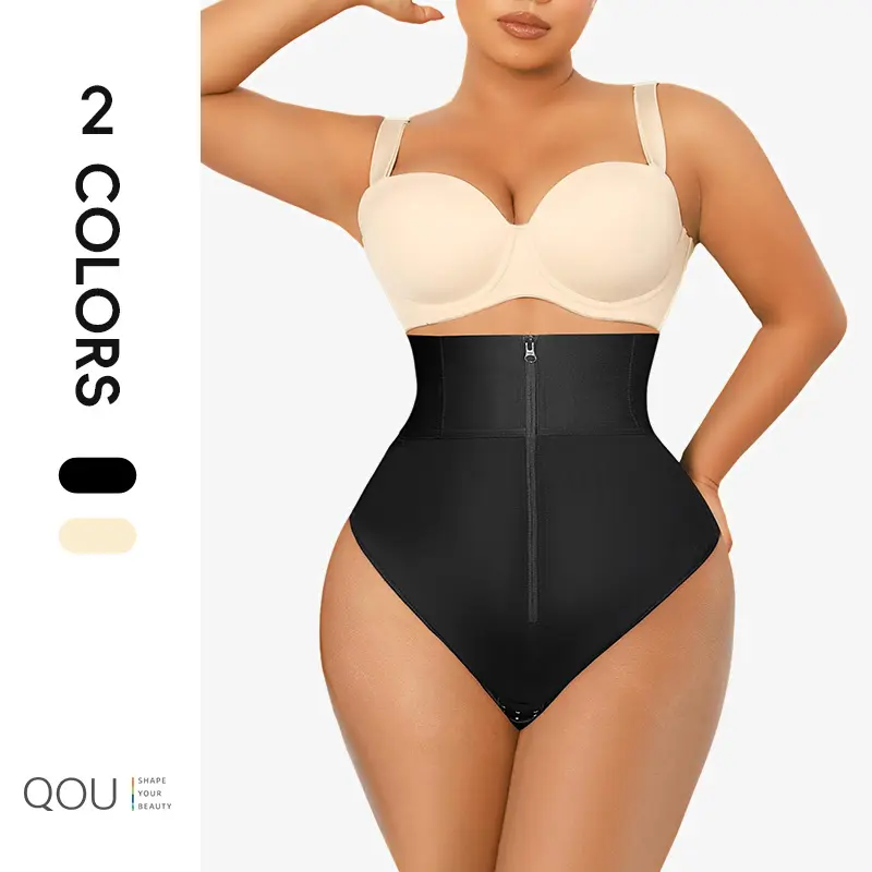 QOU Women's Seamless High-Waisted Shaper Thong - Ultra Firm Compression Body Shaping Underwear with Zipper Closure, Anti-Roll Bones, Waist Training, Elastane Nylon Blend Solid Fabric for Tummy Control Under Jeans, Work, Belly Binder Shaper, Compression Wa