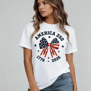 250 Stars And Stripes Bow Print T Shirt White Crew Neck Casual Top For Independence Day Celebration