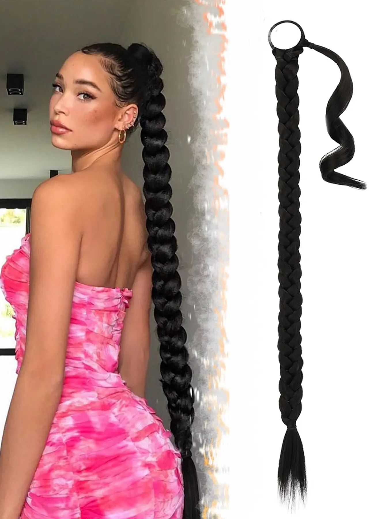 30 Inch Long Braided Ponytail Extension with Hair Tie - Straight Sleek Wrap Around Hair Extensions Braid Pony Tail Fluffy Natural Soft Synthetic Ponytails Hairpieces for Women Daily Wear