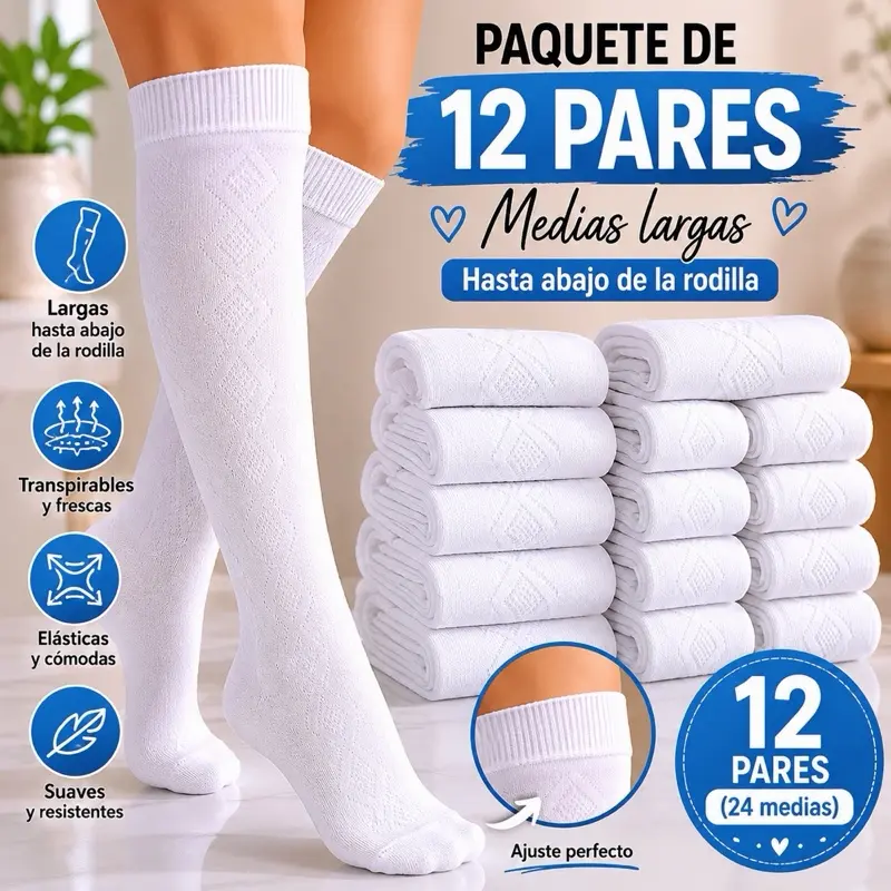 12 Pairs Knee High Socks – White School Uniform Socks | Soft Stretch Long Socks Please note: These socks are made of thin material and are designed to fit below the knee.