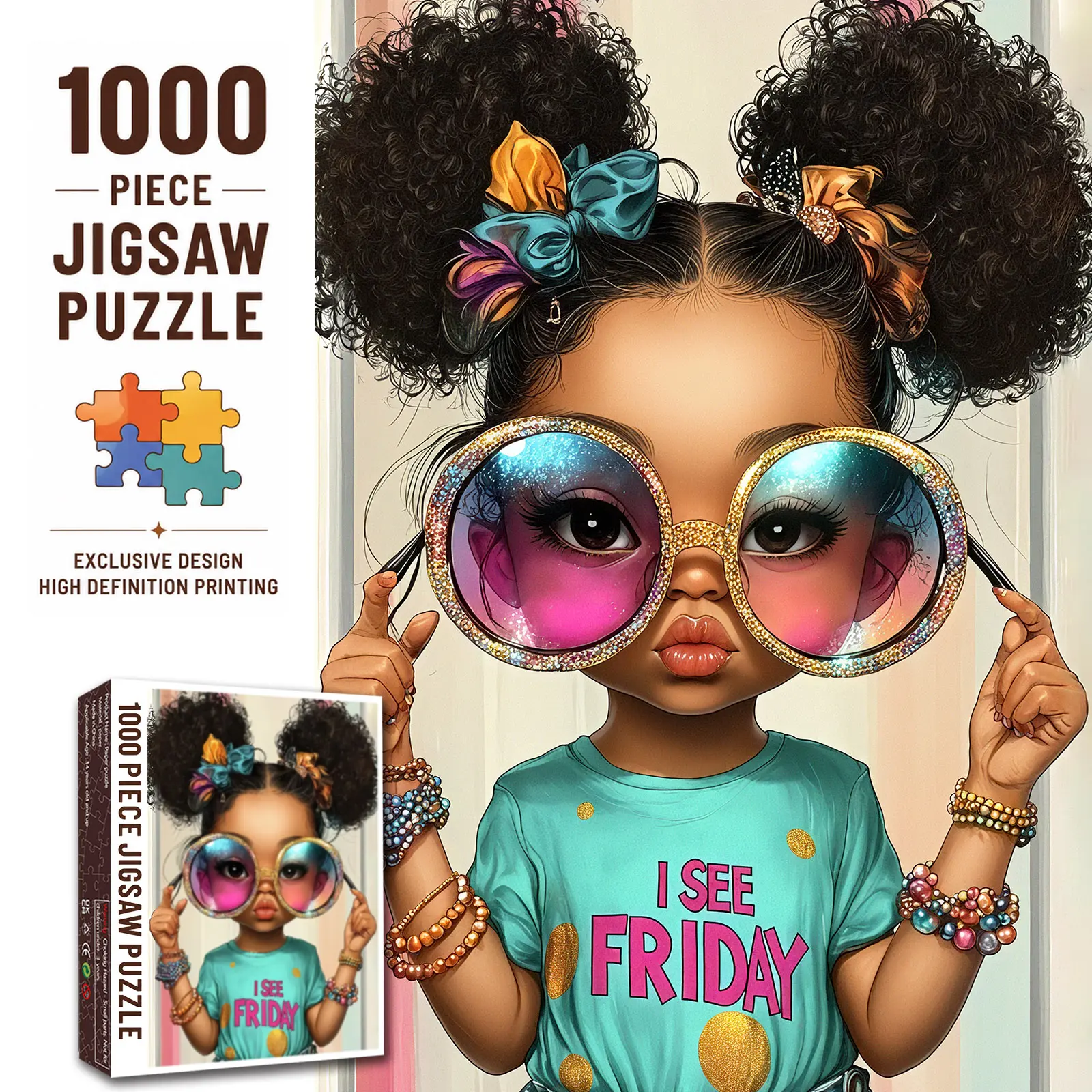 Walarky Cute Fashion Girl 1000 Pieces Jigsaw Puzzle for Adults, Big Sunglasses Portrait Puzzle, Relaxing Brain Challenge Family Game, Gift for Girls Seniors, Wall Decor 27.5x20inch(70x50cm)