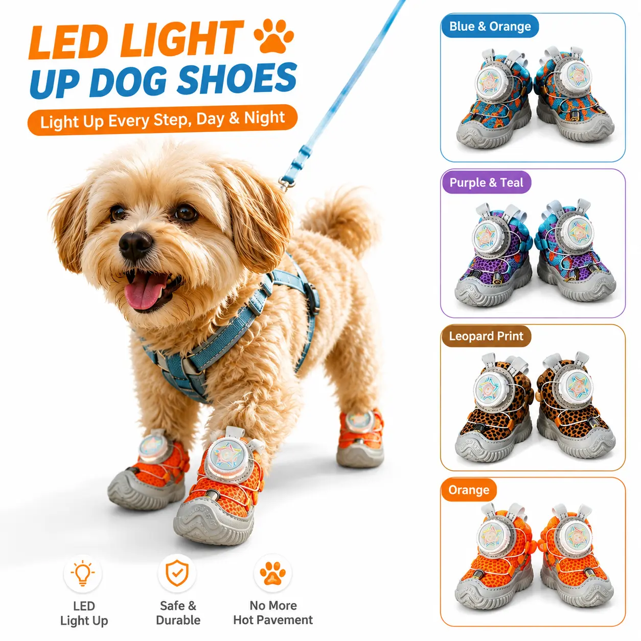 LED Dog Shoes for Small Dogs - 4pcs Anti-Slip Light-Up Cotton Boots, Versatile All-Season Breathable Stay-On Design for Night Safety, Outdoor Paw Protection & Travel, Waterproof Puppy Gear Booties, Daily Walks