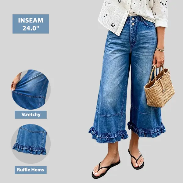 Flamingals Wash Ruffle Hem Dual Button High Rise Wide Leg Crop Jeans Stretchy 24'' Inseam