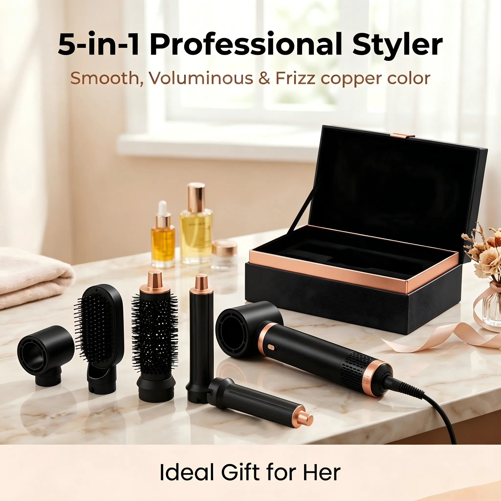 5-in-1 Hot Air Styler Beauty Product Hair Tool - 5 Detachable Heads, 3 Temp Modes, Auto Styling Functions, Boosts Volume, Eliminates Frizz, Creates Easy Curls, Bouncy Curls, Silky Straight Hair, Ideal Gift for Home, Travel Occasions