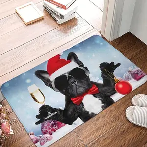 Santa Claus French Bulldog Dog Floor Mat Funny Animals Holiday Indoor Doormat Non-Slip Welcome Door Mats Rugs for Bathroom Kitchen Bedroom Entrance Xmas Home Decor