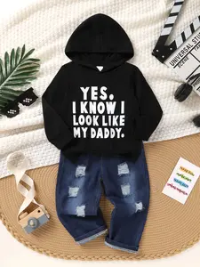 2-piece Set, Casual, Cute, Boys' Autumn And Winter Clothing, Jeans Set, Soft And Comfortable, Letter Print, Hooded, Long Sleeved Sportswear And Ripped, Blue, Elastic Waisted Denim Pants