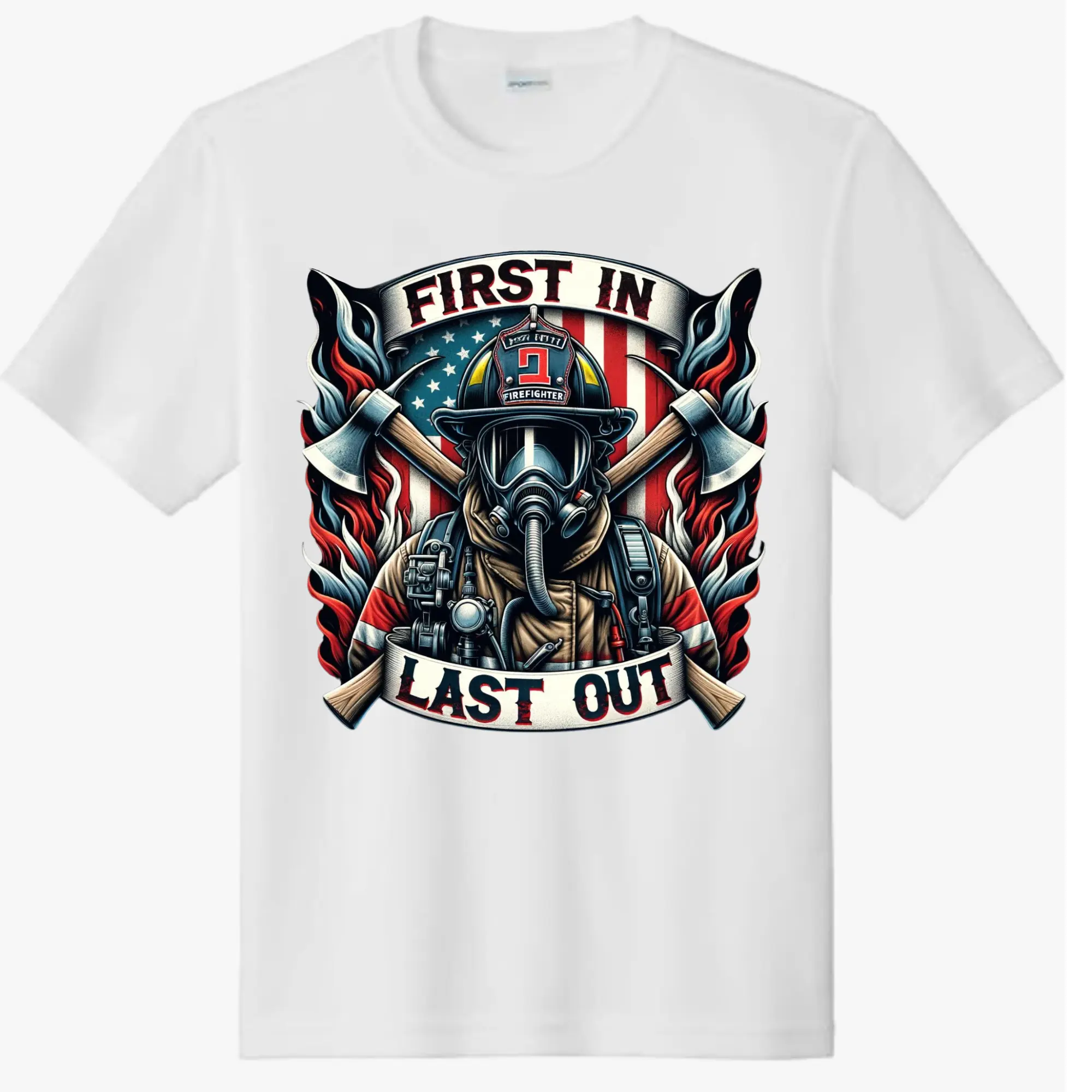 Direct-To-Film Transfer, Firefighters "First In Last Out" Bold Text DTF Print, Quick-Press Ready-to-Press, DIY Specialty Supply for T-Shirts