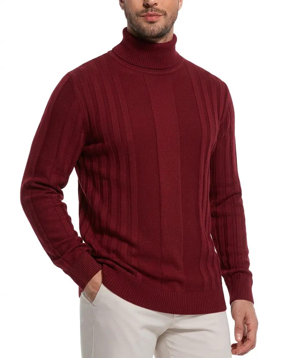 Men's High-Neck Knitted Pullover - Longsleeves, Casual Warm Solid-Color Stretch Turtle Neck Top for Autumn Winter, Red Beige Knitwear Menswear, High Neck Men's Pullover Classic Denim