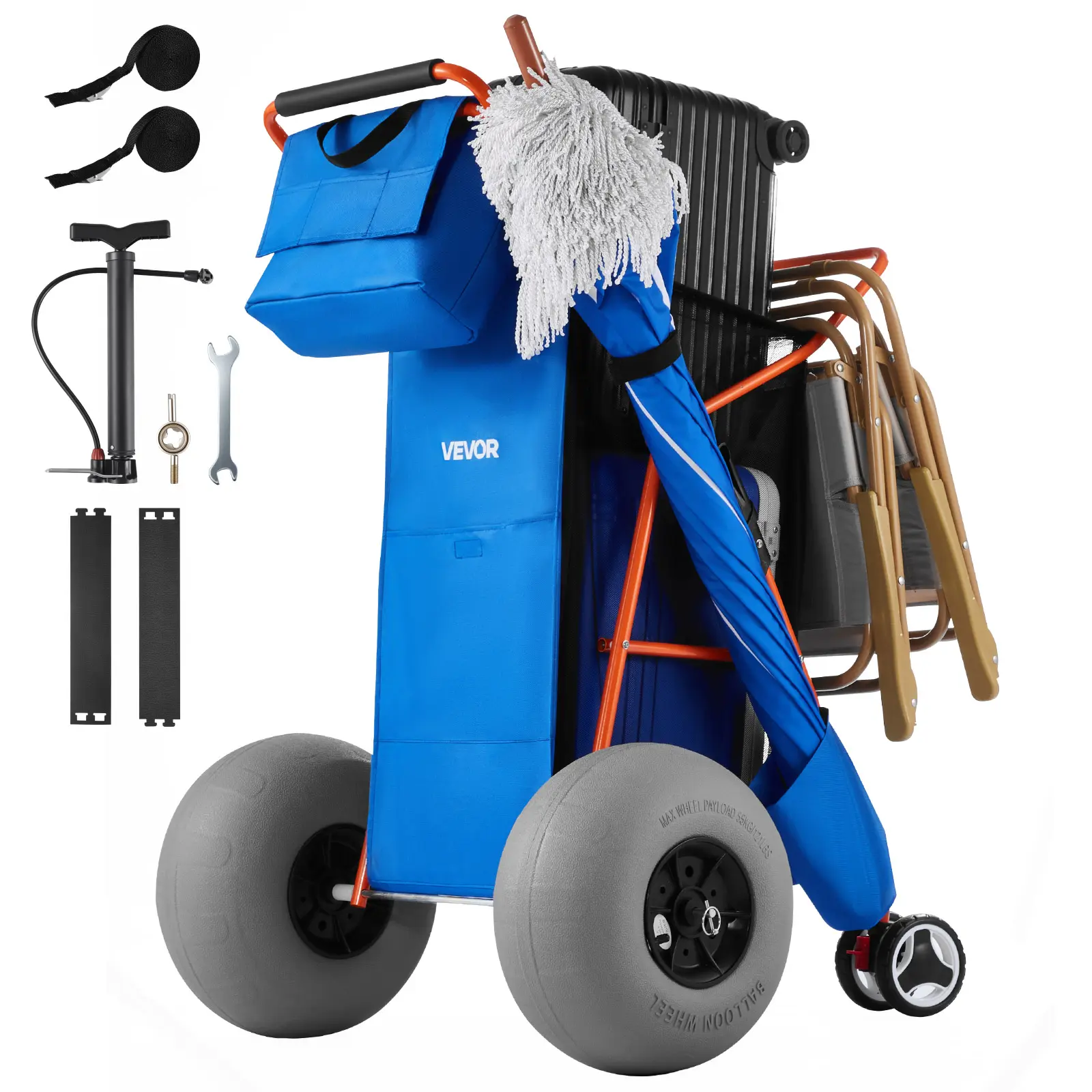 【SummerFinds】VEVOR Heavy-Duty Folding Handle 4-Wheeled Beach Trolley, 12-in Oversized Balloon Tires, 165 lbs Load Capacity, Insulated Cooler Bag, Umbrella Holder, Holds 4 Chairs, Steel Frame, Outdoor Portable, Fathers Day, Four-Wheeled Trollies