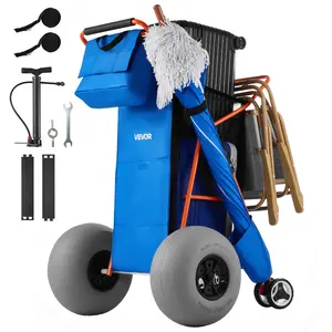 VEVOR Heavy-Duty Folding Beach Cart with 12" Balloon Sand Wheels, 165 lbs Load Capacity, Insulated Cooler Beach Bag, Umbrella Holder, Holds 4 Chairs for Camping & Fishing