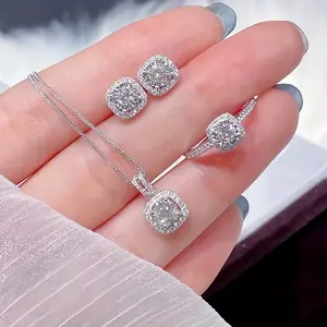 Luxurious Cube Zirconia Jewelry Set Earrings Pendant and Ring Shiny Elegant Design Ideal Gift for Women Copper