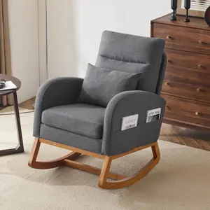 【Father's Day Gift】  Grey Linen Nursery Rocking Chair with Thick Headrest, Upholstered Mid-Century Modern Nursing Rocker Glider with Curved Armrest, Sturdy Solid Wood Base for Living Room, Bedroom, Baby Room