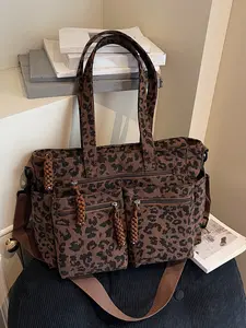 Personalized leopard print multi-pocket one-shoulder tote bag, retro fashion simple braided rope double zipper pocket portable messenger bag, minority design casual Joker suitable for students' daily commuting, shopping and so on, Crossbody Tote Bag