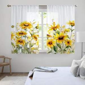 Sunflower Pattern Curtain, 2 Counts/set Modern Short Curtain, Window Curtain for Home Living Room Bedroom Kitchen Bathroom, Home Decoration Curtain, Window Decorations Supplies