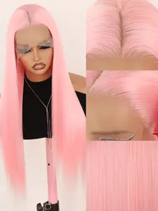 26 Inch Long Silky Straight Wig Pink Lace Front Wig for Women, 13x4 Lace Daily Wear Wig with Free Part Natural Hairline Heat Resistant Synthetic Fiber, Halloween Cosplay Party Wigs