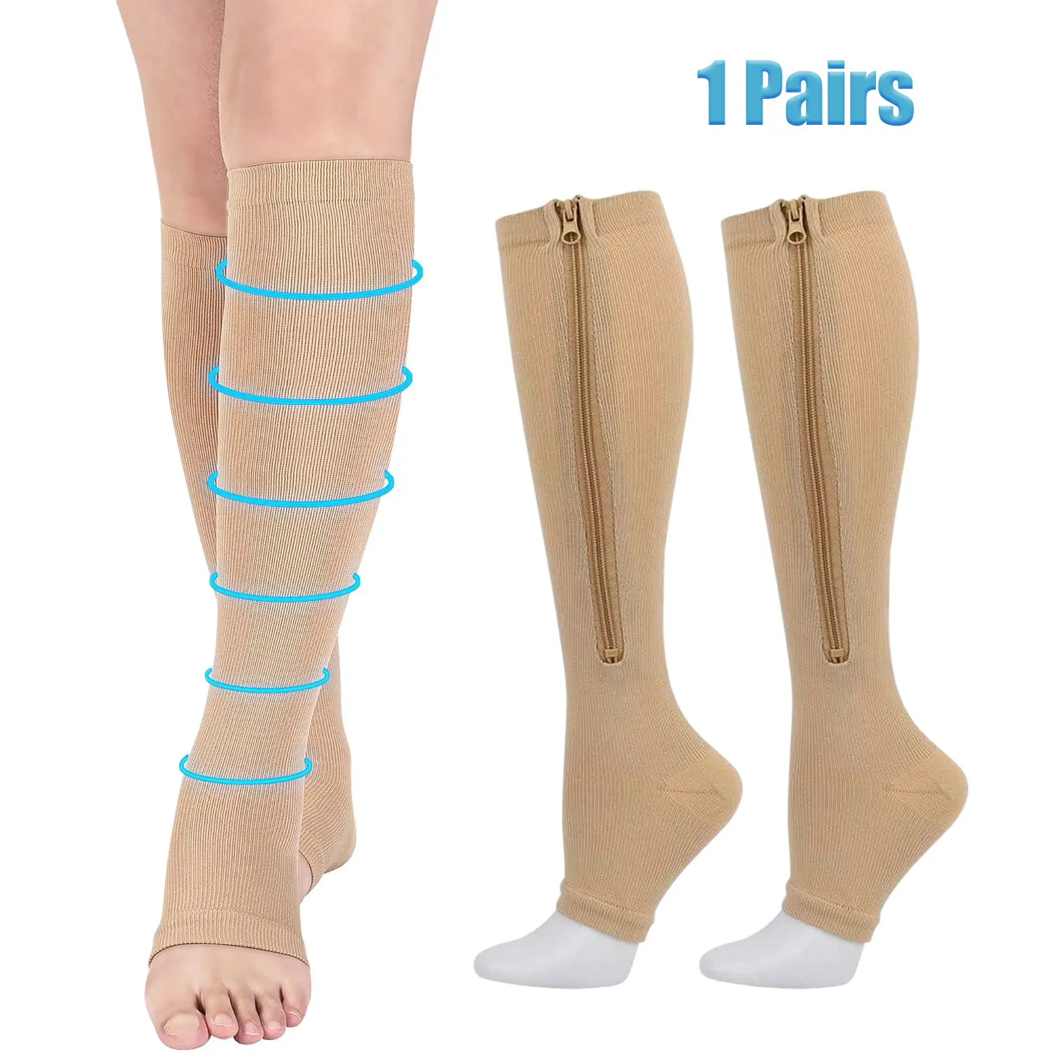 Sports Compression Socks for Men & Women, 2 Pairs Calf Knee-High 15-20mmHg Open Toe Sports Tight Socks, Compression Stockings for Walking, Better Blood Circulation Support