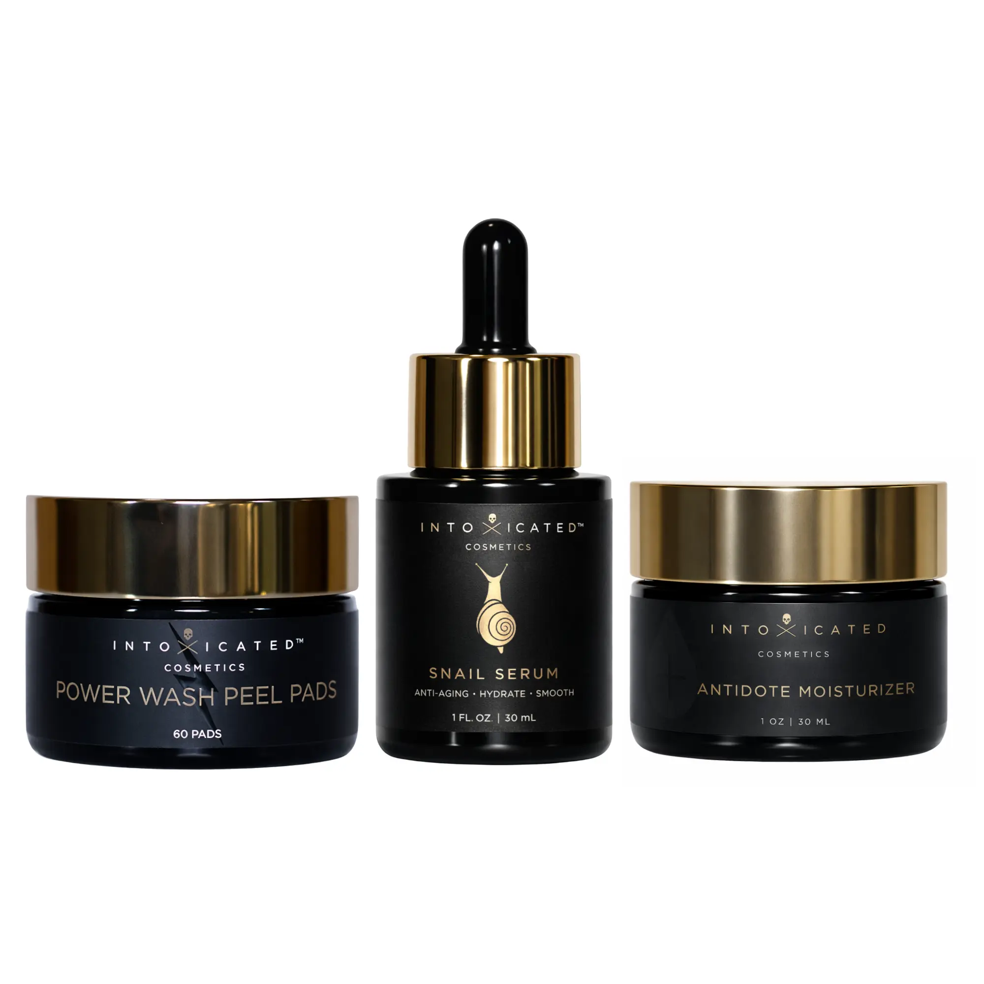 Intoxicated Cosmetics Hydration Bundle | Power Wash Peel Pads, Snail Serum, & Antidote Moisturizer
