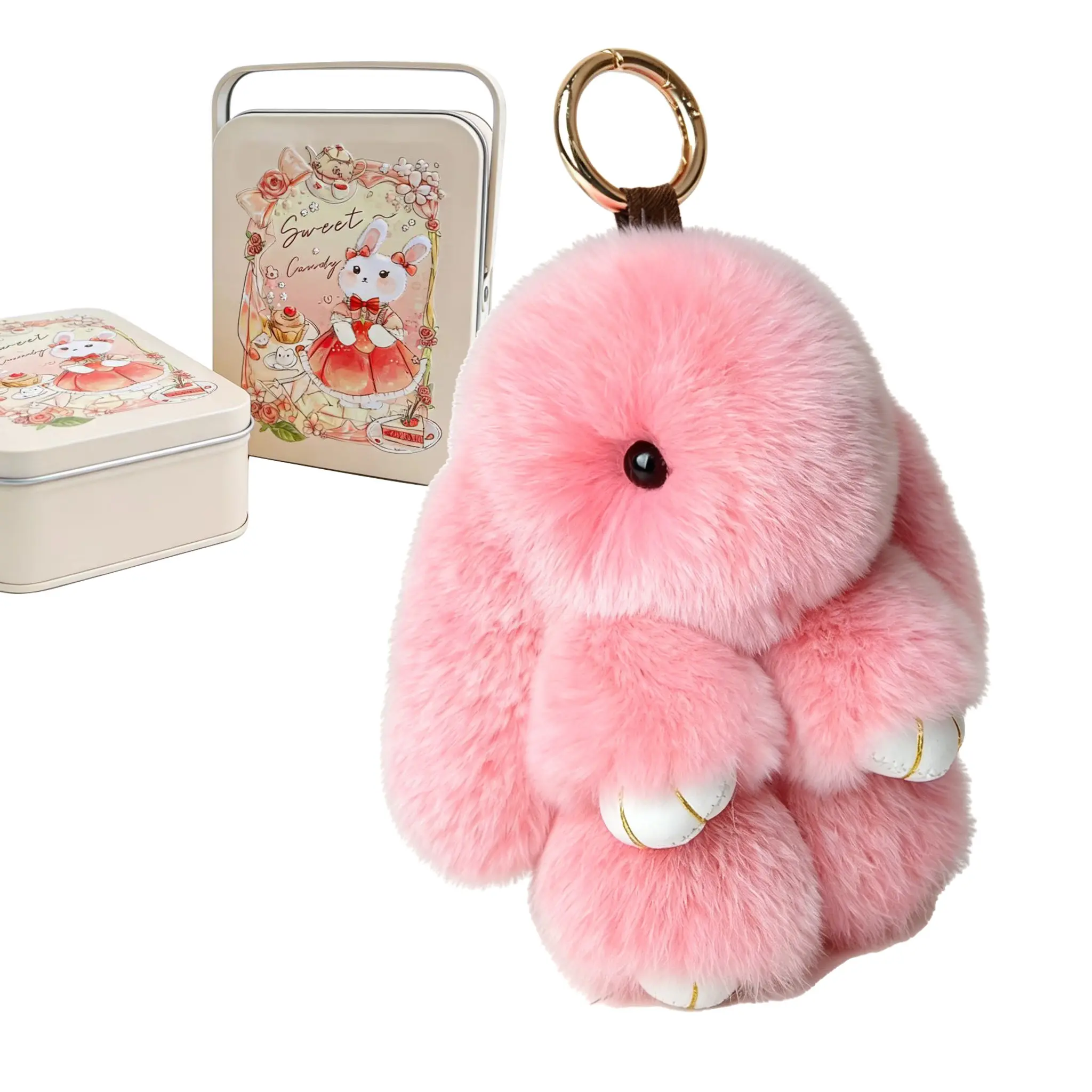 Handmade Fluffy Bunny Plush Keychain - 5.8in Cutecore Whimsy Trinket, Bag Charm Key Accessory, Purse Charm with Designer Tin & Certificate, Thoughtful Womens Gifts for Teen Girls
