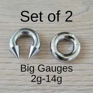 Set of 2 Silver Septum Rings Horseshoe Spike Cone Hinged Clicker Ring Surgical Steel 2g 4g 6g 8g 10g 12g 14g big gauge