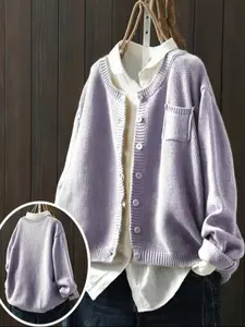 Plus-size women's casual solid-color round-neck long-sleeve cardigan Knitwear, the top choice for autumn and winter festival outfits, with a stylish and comfortable design