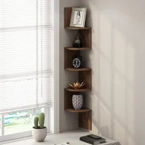 Columbia Walnut Wall Mount Floating Corner Shelf 5-Tier Radial Design, Elegant Wooden Construction