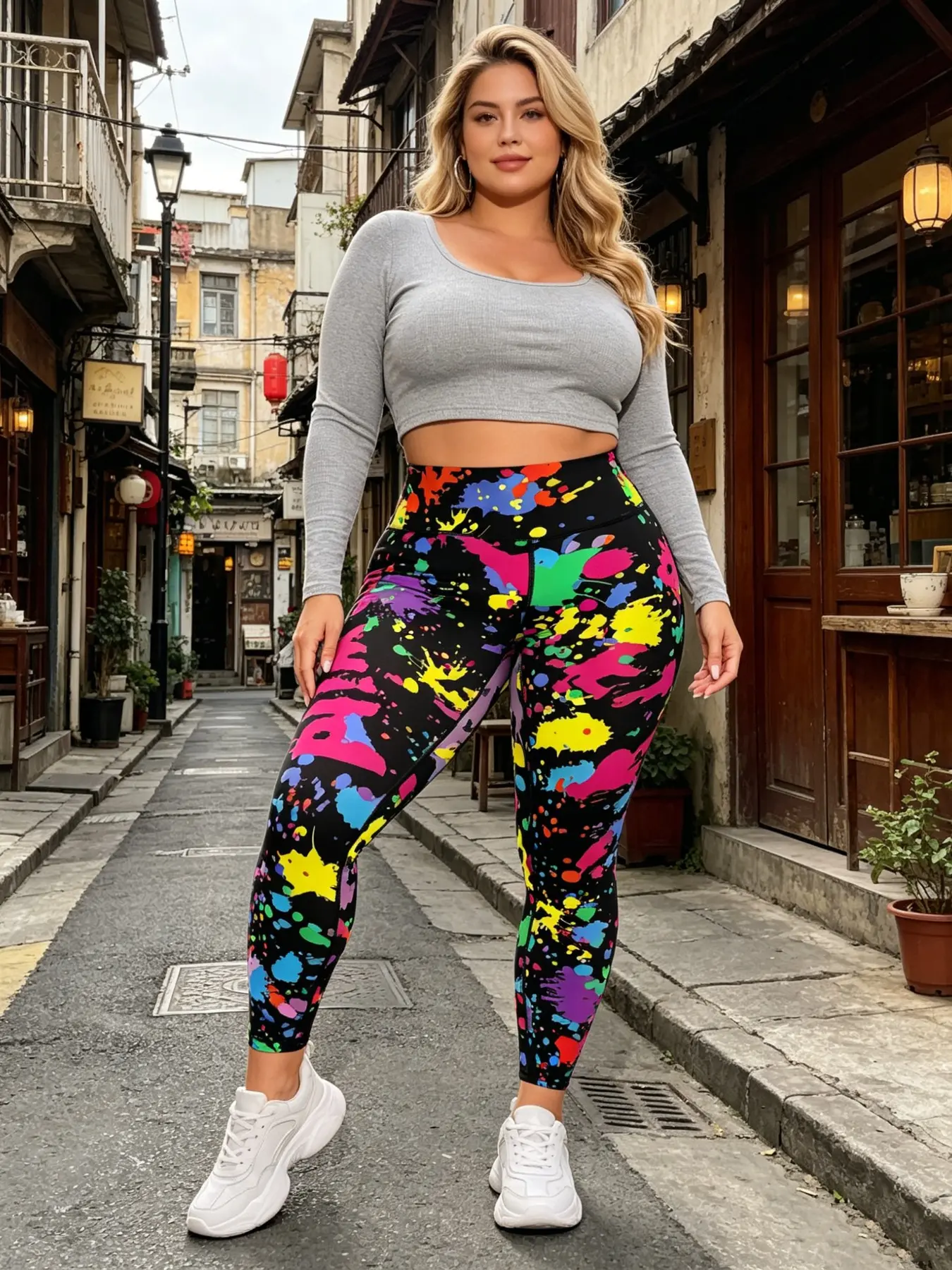 Women's Plus Size High Waist Colorful Graffiti Print Leggings, Yoga Bottoms, Elastic Fitness Pants for Gym Yoga Training, Non-Transparent Shaping Wear
