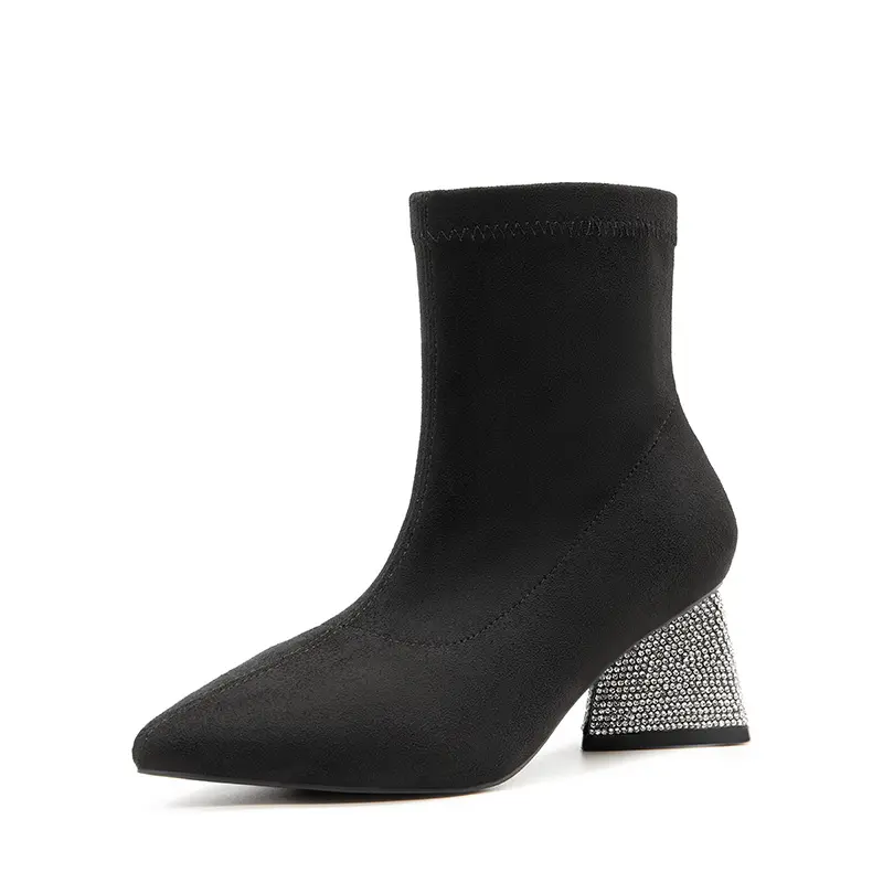 Dream Pairs Women's Statement Faux Suede Ankle Boots with a 4.5cm Rhinestone Block Heel, Pull-On Evening Shoes for Parties and Casual Daily Wear, Decor, Footwear, Stylish, Party, Chic, Statement Shoes, Synthetic, Ankle Length, Rhinestone Heel, Supportive