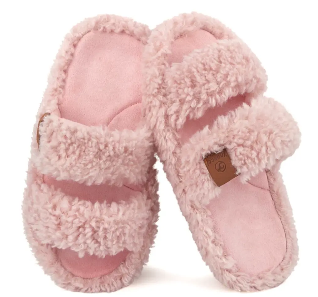 Slippers for Women, Classic Slip On Faux Fur Slides with Double Straps and Open Toe, Casual Chic Indoor Shoe with Memory Foam Arch Support & Non-Slip Sole, Ankle