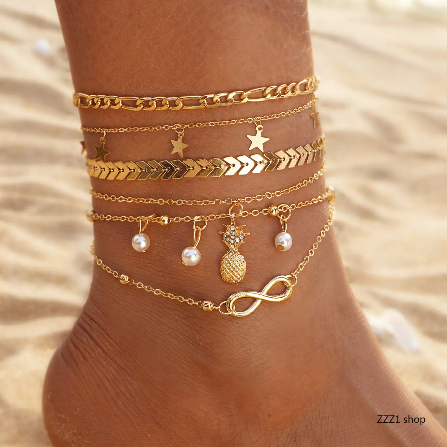 Women's Casual Elegant Boho Gold Layered Anklet Set - Multiple Chains, Figaro Chain, Rhinestones, Pineapple Charm, Infinity Pearl, Star, Chevron Pendants - Unisex Sports & Outdoor Accessory Gift for Summer Beach, Layered Set