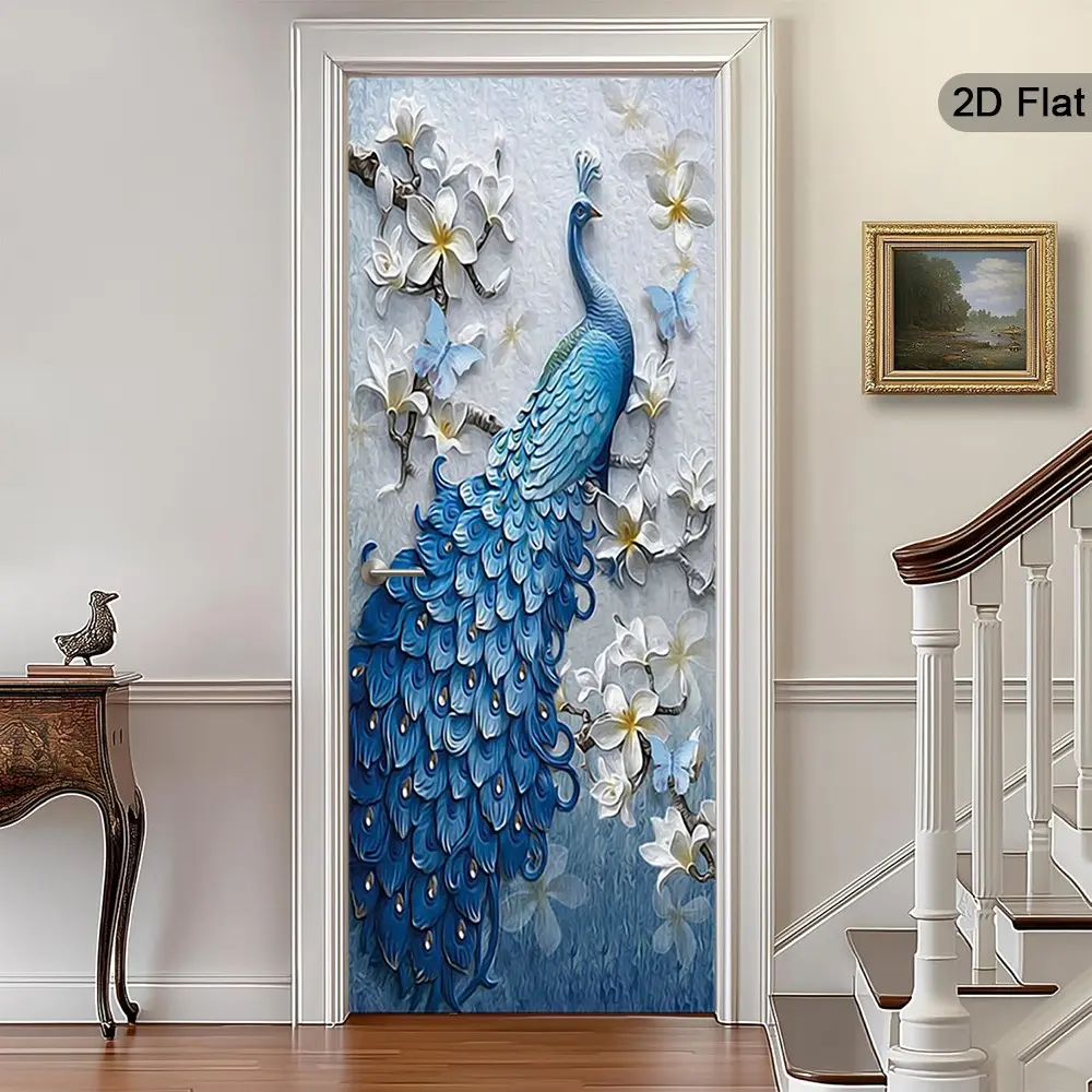 2D Flat Peacock Art Door Stickers, Blue Peacock Wall Decals, Spring Theme Self-Adhesive Decor, Home Decoration for Hallway, Living Room, Office