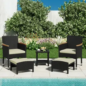 Costoffs 5-Piece Outdoor Rattan Lounge Patio Furniture Set - 2 Chairs, 2 Ottomans, Tempered Glass Coffee Table with Lower Storage Shelf, Ideal for Small Outdoor Spaces, Patio Furniture Sets, Outdoor Patio Furniture