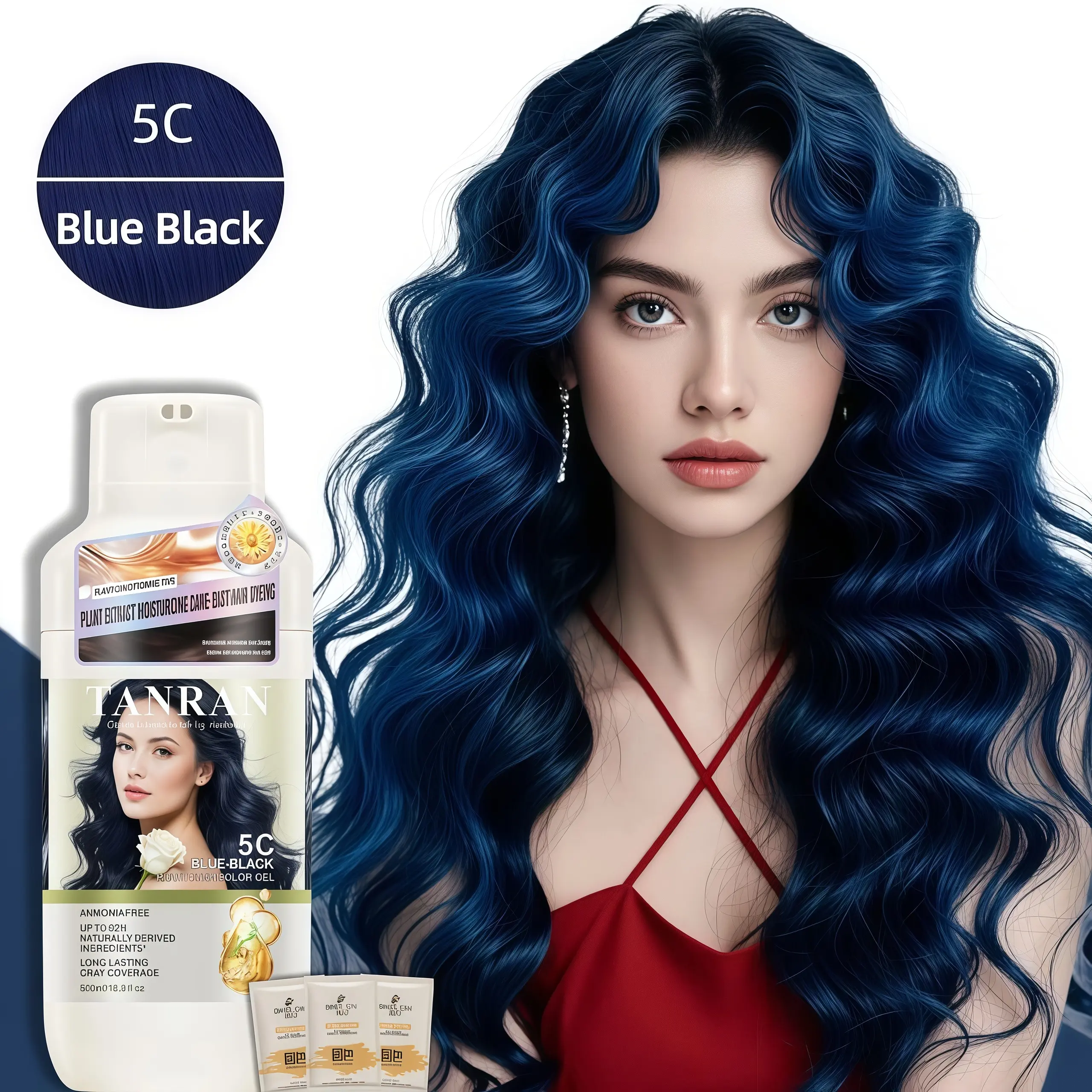 Blue Black Hair Dye Shampoo with Hair Conditioner, 500ml Gentle Ammonia-Free Formula with Ginger & Noni Fruit, 10-Min Quick 100% Gray Coverage, Long-Lasting Results for Men & Women