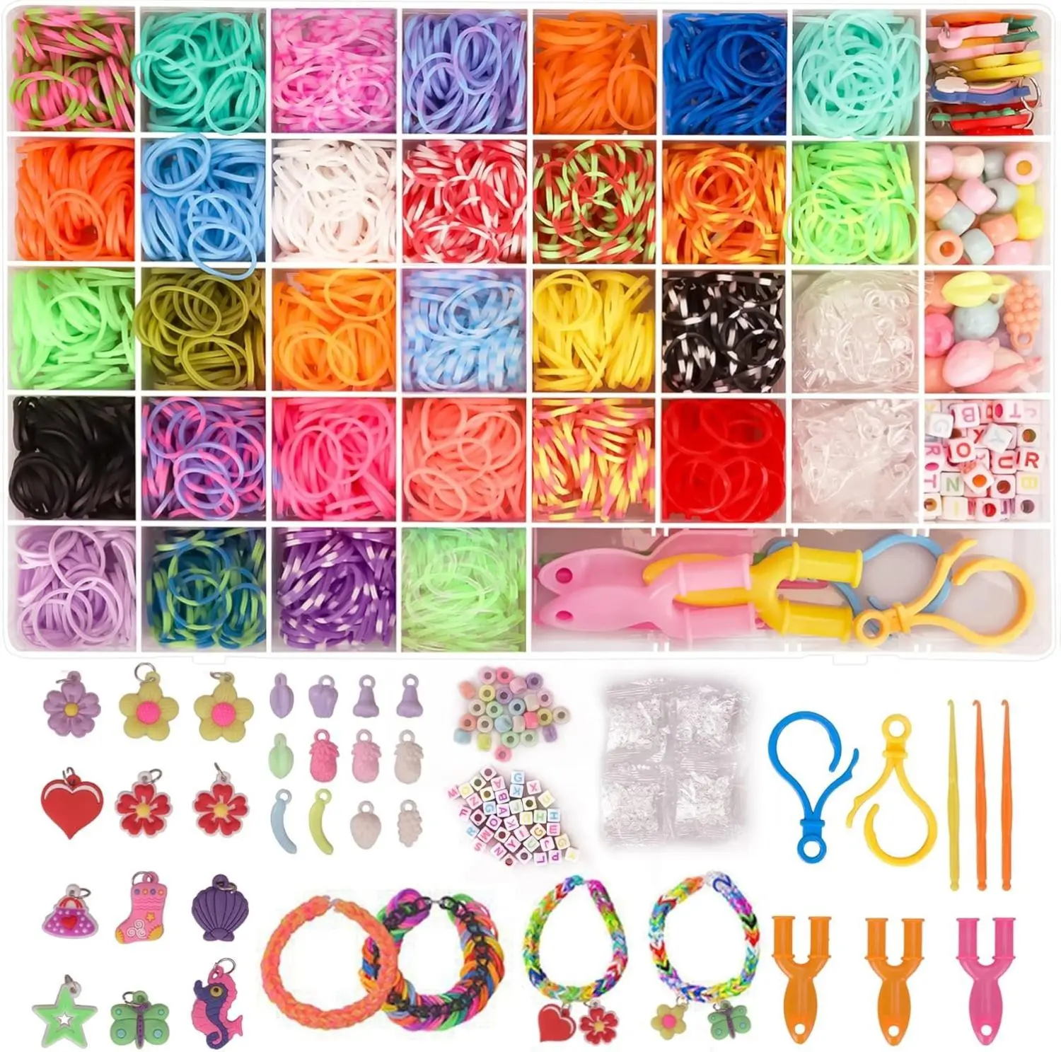 Stretchy Rubber Band Bracelet Kit (3000+ Pieces) with Storage Box, 100+ Clips, 2 Hooks, Colorful Loom Beads & Charms – DIY Fashion for Beginners, Park/Library Activities, Christmas Meaningful Gifts, Pool