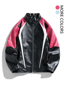 Men's Racing Style PU Leather Jacket, Three-Color Patchwork Design, Loose Fit, Windproof & Durable, Perfect for Streetwear & Motorcycles
