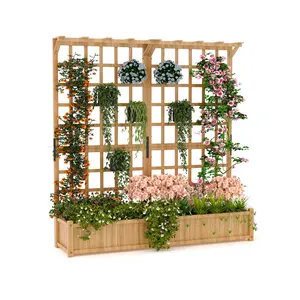Large Wooden Raised Garden Bed with Trellis & Hanging Roof – 1.4ft Deep Planter Box featuring Privacy Screen & 8 Drainage Holes – Perfect for Outdoor Flowers, Vegetables & Climbing Plants – Patio, Deck, or Backyard, Deep 1.4Ft