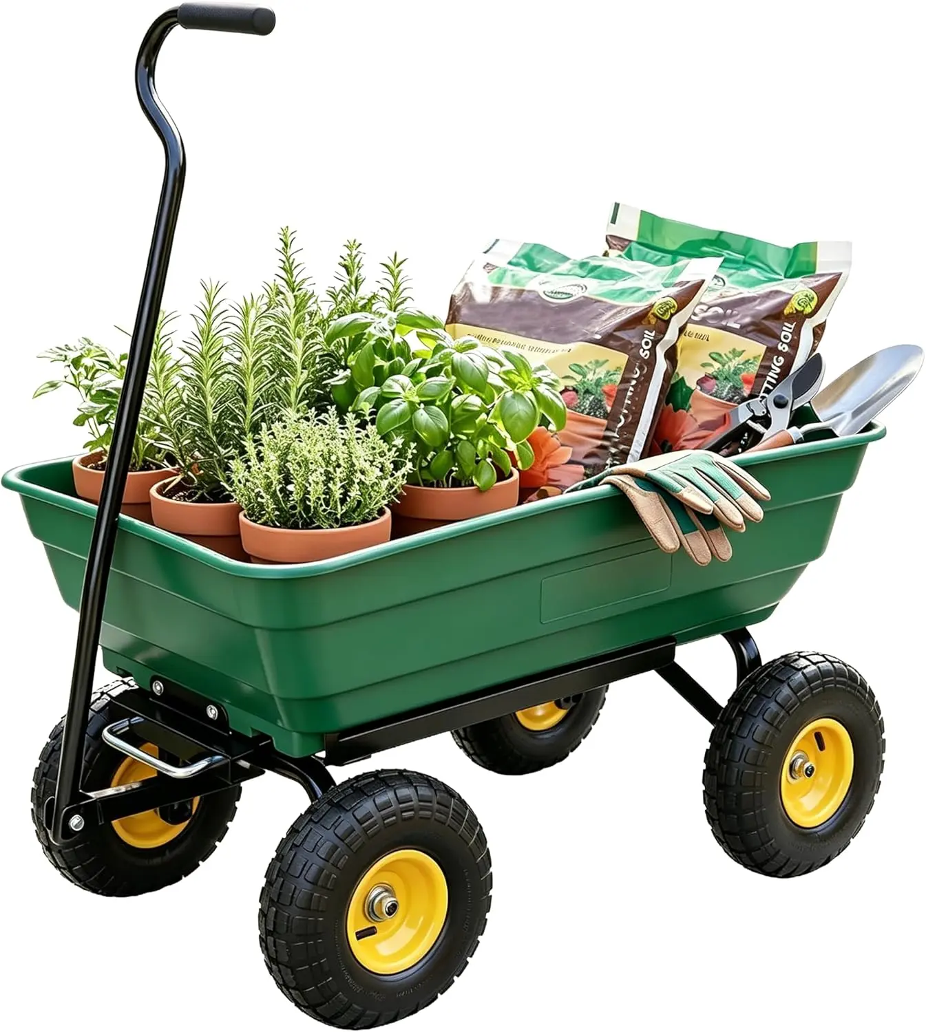NorthSky Heavy Duty Garden Dump Cart - Easy-Assemble Steel Frame, Poly Bed, 600 lbs Capacity, 90° Quick-Release Tilt, 180° Rotating Handle, 10 inches All-Terrain Pneumatic Tires for Farm Work, Plants, Soil