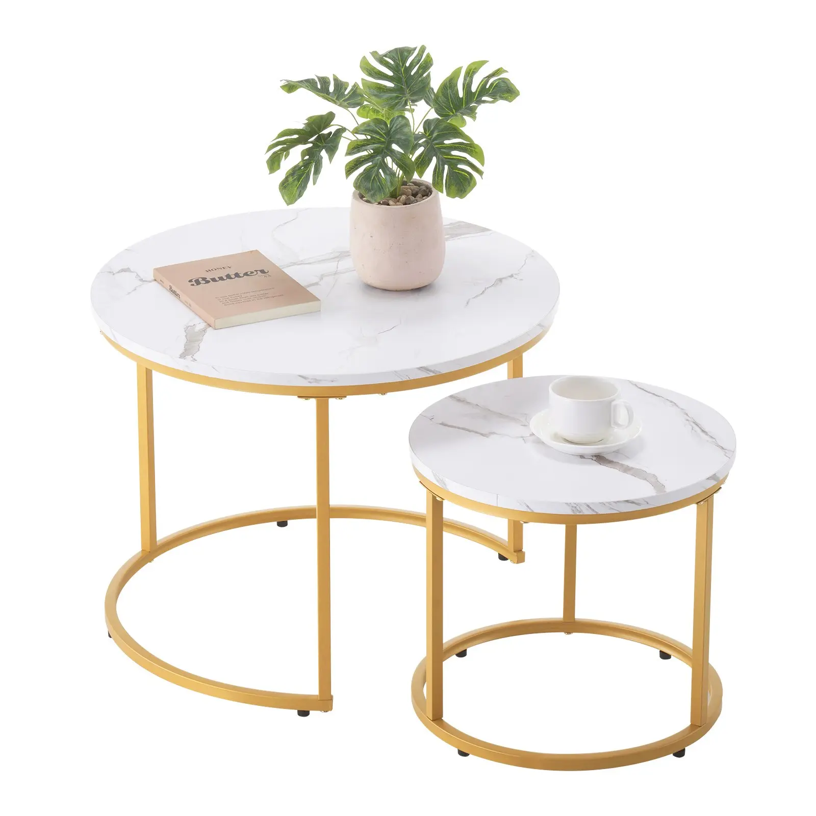 【DealsForYouDays】VEVOR Nesting Coffee Table Set of 2, 23.6 in Round Coffee Table, Nesting Tables for Small Place, Vintage End Side Tables Night Stand with Metal Frame, for Living Room, Bedroom, Office (White & Gold)