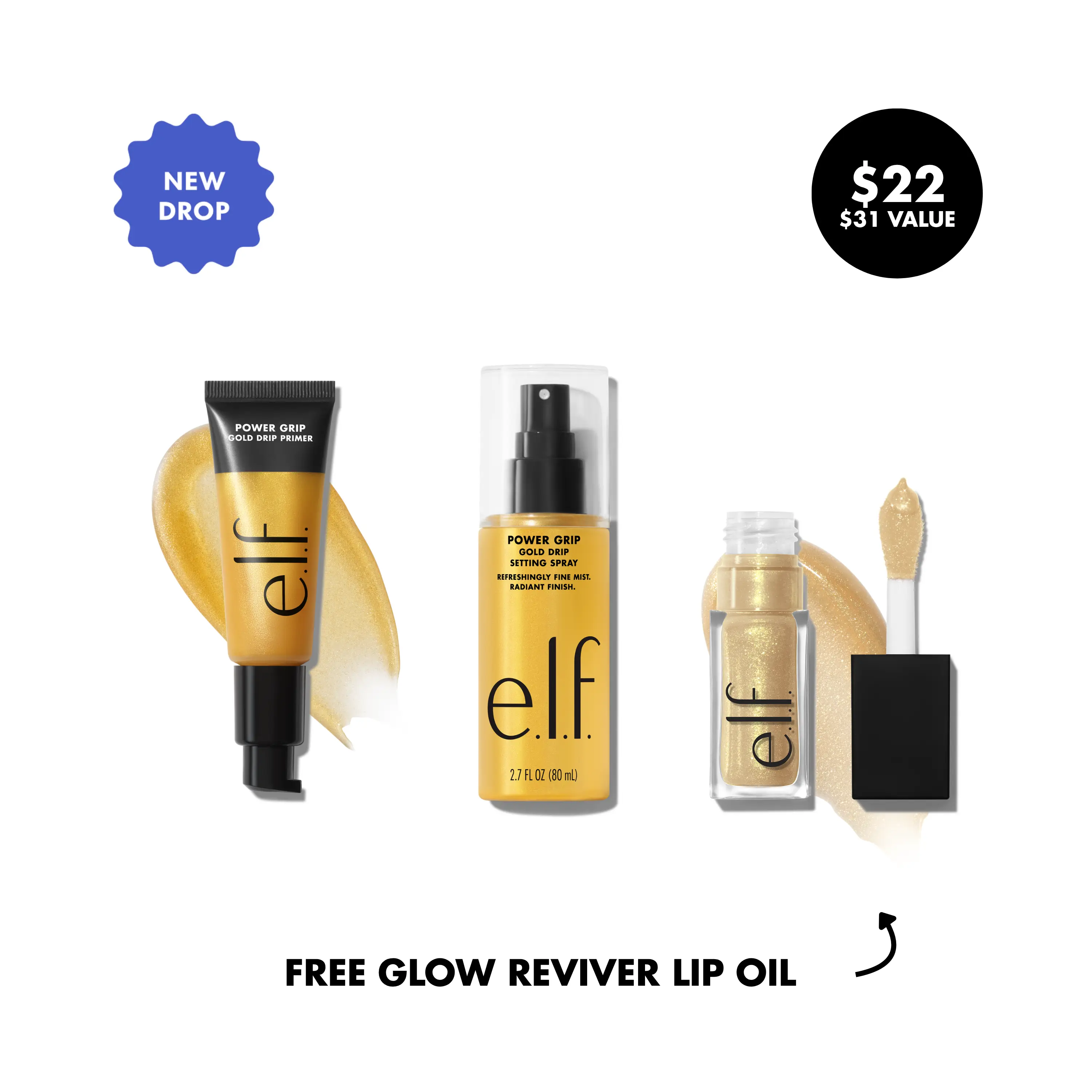 e.l.f. Power Grip Gold Drip Primer & Setting Spray Duo - Gold Micro-Shimmer Face Primer & Bi-Phase Setting Spray for Radiant Grip & Long-Lasting Wear, Glow Reviver Lip Oil Glimmer in Citrine Gleam, Vegan & Cruelty-Free