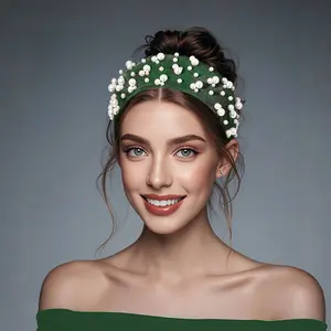 Styrdast Hands Handmade Green Pearl Headband for Women – Wide Padded Hair Hoop