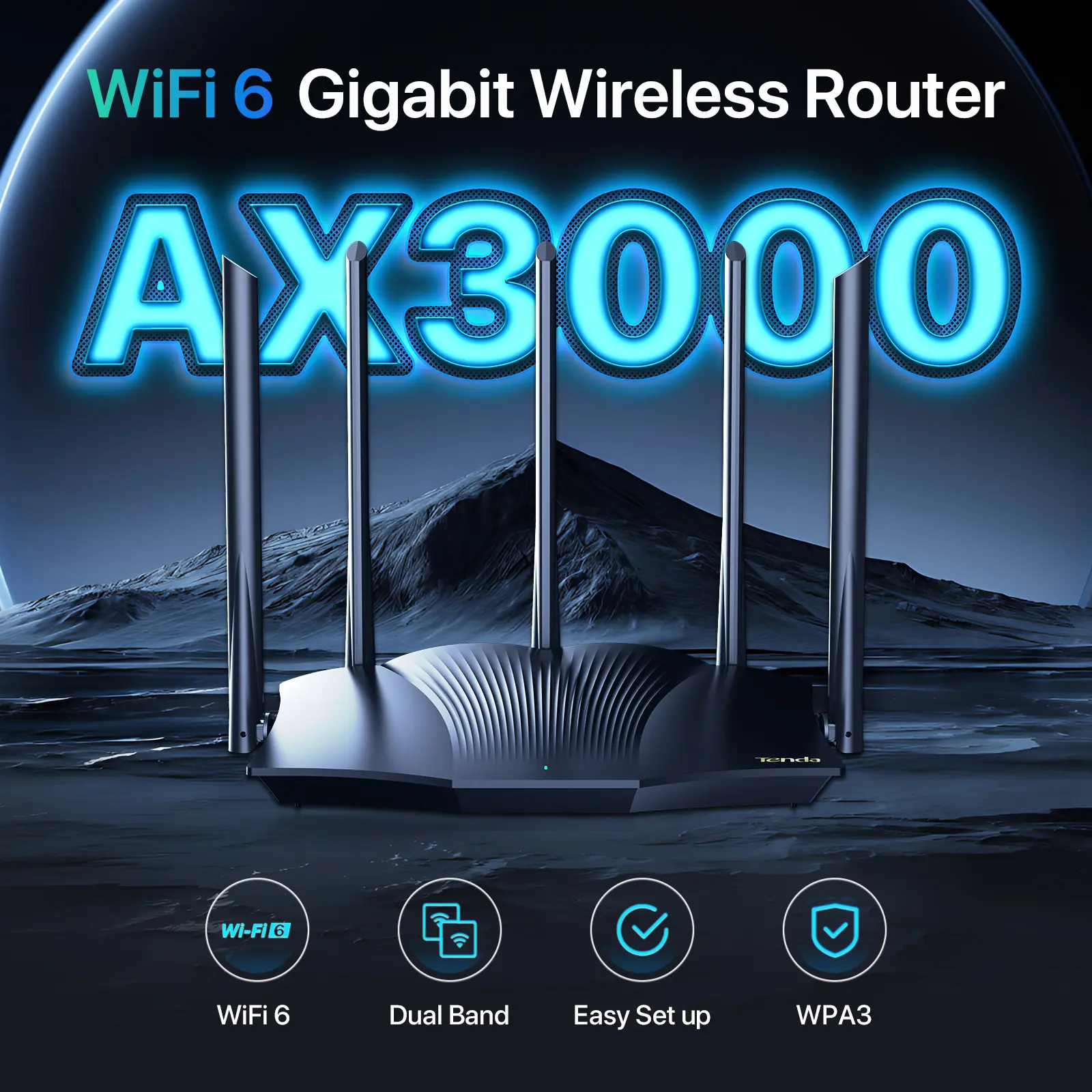 Tenda RX12 Pro AX3000 WiFi 6 Gaming Router,  Dual Band Gigabit Wireless Router for Home, Long Range Coverage with 5 * 6dBi High-Gain Antennas, High Speed with 4 Gigabit Ports, Support WPA3, VPN, Dual Band Routers, Extended Antenna Routers