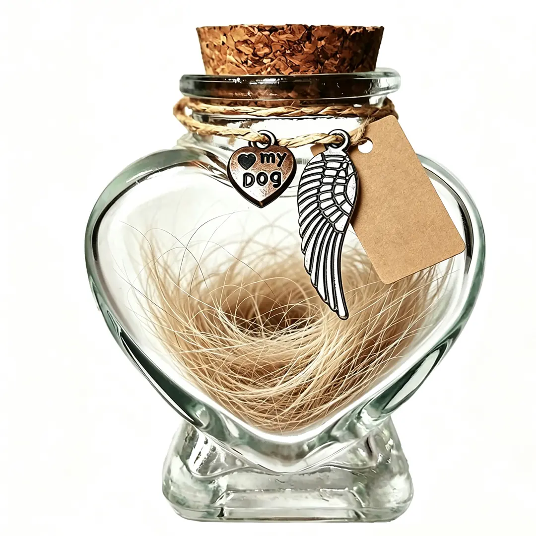 Pet Memorial Keepsake Heart-Shape Glass Jar & Bottle - No Simple Wood, Metal Fur Storage Container, Includes Metal Charms, 1 Natural Wood Stopper for Dog or Cat Loss Memorial Gift