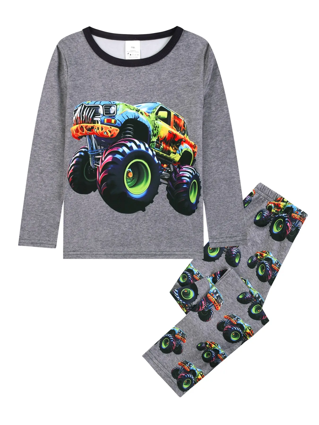 Kids Pajama Set with Round Neck, Truck Pattern, Off-Road Bike Cartoon Print, Fashion Casual Home Wear, Loose-Fitting H-Type Silhouette, All Seasons Pajamas, Cartoon Print Sleepwear