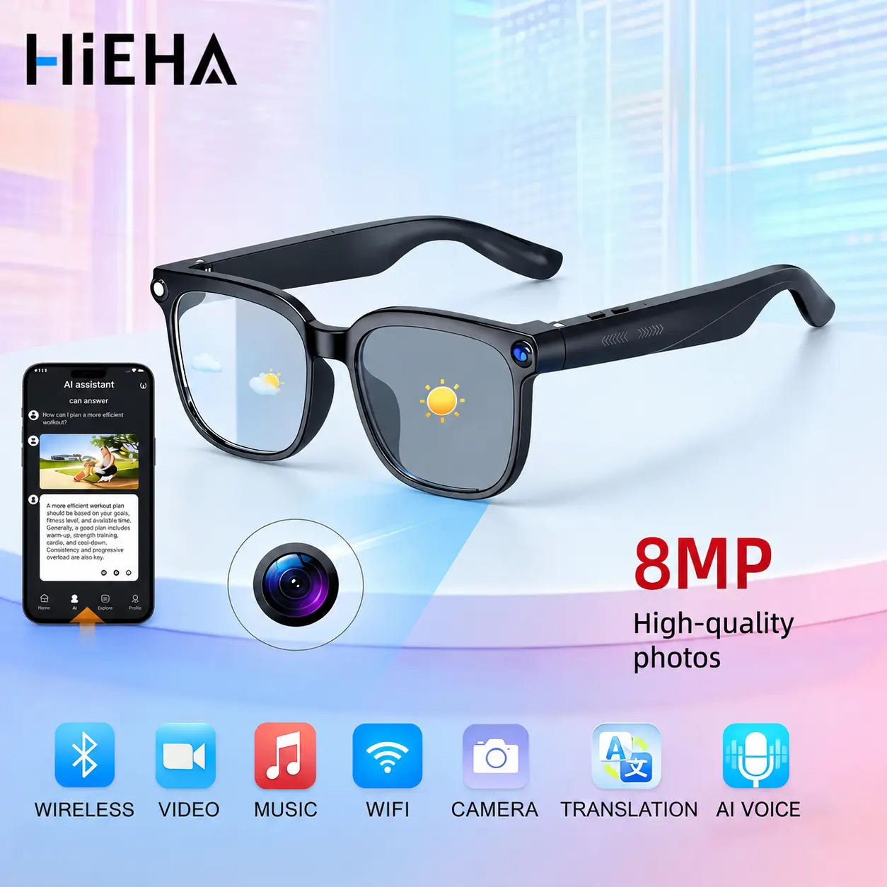 HIEHA 2026 New Unisex Adult Wearable Wireless Smart Glasses - Wearable Tech Glasses, 8MP Camera, Photo & Video Recording, Touch Control, Hands-Free, Multi-Language Translation, Bluetooth, Phone Calls, AI-Tracking for Travel